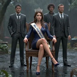 3 d unreal engine octane render of miss of the world sitting on the chair in the rain by vincent di fate and by leonid afremov and by conrad roset and by greg rutkowski
