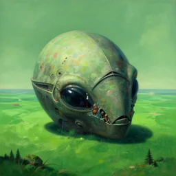 giant alien artifact folding on itself in green planet landscape painted by Zdzisław Beksiński, trending on ArtStation, 4k, matte painting