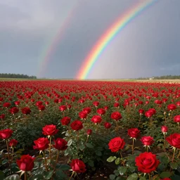 in the morning, the flower field is neatly covered with bright red roses, and there is a beautiful rainbow after rain in the sky, dreamy, whimsical, detailed, volumetric lights, intricate details, raytracing, great complexity, cinematic, film, 8 k, octane render, trending on artstation by james christensen and mandy jurgens