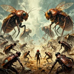insectoids culling puny humans, giant insect monsters, movie poster, digital science fiction pulp art