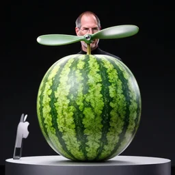 steve jobs presenting apple's new product, a watermelon with a propeller on it