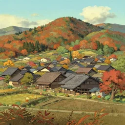japanese rural town, autumn, in the style of studio ghibli, j. c. leyendecker, greg rutkowski, artem