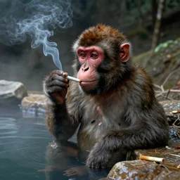 a monkey smoking a joint in an onsen, painted by zdzislaw beksinski,