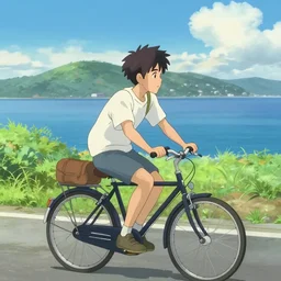 a boy riding a bike near the coast ， makoto shinkai style
