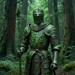 portrait of a knight in the redwood forest, armor made of bark, guard, nature, highly detailed, monochromatic green, concept art, artistic render, midjourney, matte digital painting
