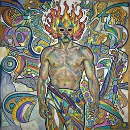 A man wearing colorful mask, hair like fire, muscular, painting by greg rutkowski and alphonse mucha