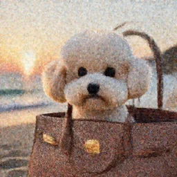 a closeup photorealistic photograph of a bichon frise peeking out of a Hermes handbag at the beach during sunset This 4K HD image is Trending on Artstation, featured on Behance, well-rendered, extra crisp, features intricate detail and the style of Unreal Engine.