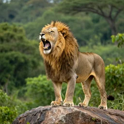 hyperrealistic photo of a lion roaring on top of a rock over looking the jungle, 8 k