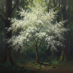 flowering tree in an underground forest. smooth gouache painting by the award - winning concept artist, bloom, chiaroscuro, backlighting, depth of field.