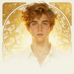 full figure young man, luminous scene, by greg rutkowski and alphonse mucha, gradient white to gold, highly detailed portrait, digital painting, artstation, concept art, smooth, sharp focus illustration, artstation hq