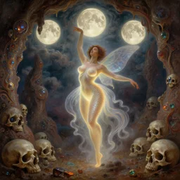 concept art of translucent glowing curvy buxom brown fairy dancing, renaissance, flowy, melting, round moons, rich clouds, very detailed, volumetric light, mist, fine art, decaying, textured oil over canvas, epic fantasy art, very colorful, ornate intricate scales, walls and floor of cave made of skulls, fractal gems, 8 k, hyper realistic