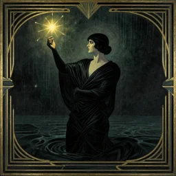 a true hero, sinking, wrapped in black, clutching a hopespark in the drifting voids. Art Deco, by Rebecca Guay and Paul Lehr