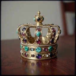1 9 8 0 s vhs infomercial still advertising a royal crown decorated with gemstones and malachite, on a table ; faded image color, grainy visual artifacts, vignette