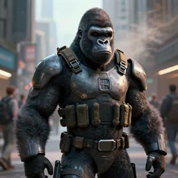 a gorilla wearing futuristic tactical combat gear, face exposed, in a busy city centre, 8 k, trending on artstation, rendered in cinema 4 d, 8 k 3 d, cgsociety, zbrush, volumetric light, lightrays, smoke, cinematic, atmospheric, octane render, filmic
