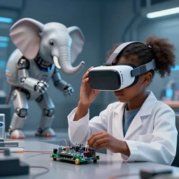 a hyper realistic 3 d render of a black boy kid using a diy vr glasses arduino ; a black girl kid scientist is constructing a elephant robot in the background, futuristic, cyberpunk, xenomorphic, biomechanical, photorealistic, ultra detailed, 4 k, chromatic aberration, dof, octane render
