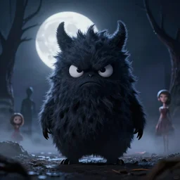 full shot portrait of angry cute and fluffy darkness creature at moonlight, inspired by Tim Burton, Norihiro Yagi, Marc Simonetti, Amano, Juri Misaki, Giger, detailed, unreal engine 4k volumetric light, fog,