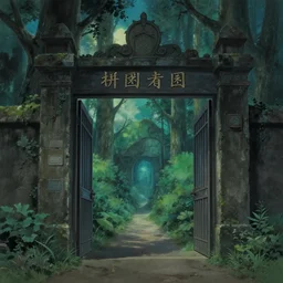 gate portal with another world visible inside style studio ghibli and Gerald Brom, dreamy, mystical, dark