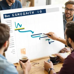 stock photograph of people enjoying making a gantt chart, movement, energy, coffee