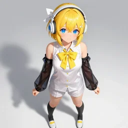 anime girl with short yellow hair, blue eyes, white headphones on her head and a white bow, dressed in a white sleeveless shirt with a yellow bow around her neck, black transparent armbands on her hands, white shorts and black knee socks, white shoes with yellow inserts, anime style, elegant, highly detailed, digital painting, artstation, concept art, smooth, sharp focus, digital art, hyperdetalied