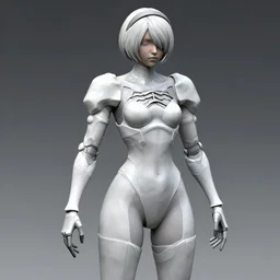 CAD screenshot of a realistic android bodyguard modeled after 2B from Nier Automata and with slender body type and prominent ceramic hex tile armor plates, solidworks, catia, autodesk inventor, unreal engine, gynoid cad design with small perfect hands inspired by Masamune Shirow and Tsutomu Nihei and Ross Tran, product showcase, octane render 8k