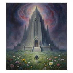a beautiful painting of a large alien shrine shrouded by mystic nebula magic in a field of flowers by moebius and android jones
