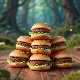 5 5 mm photo of a pile of freshly prepared burger on a wooden table in a magical forest. dof. bokeh. magical atmosphere. art by greg rutkowski. highly detailed 8 k. intricate. lifelike. soft light. nikon d 8 5 0.