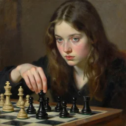 a girl playing chess, beautiful face, oil on canvas, artstation, by j. c. leyendecker and edmund blair leighton and charlie bowater, beautiful face, octane, very aesthetic!!!!!!!!!!!!!!! stunning gorgeous big eyes
