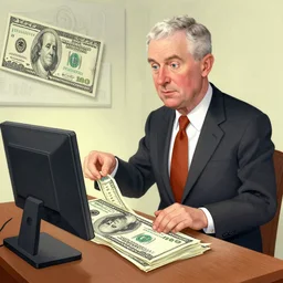 Jay Powell printing dollars out of thin air, satire, caricature