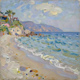 oil paint impasto relief, beautiful italian beach scene, multi layered thick brush marks, some splattered paint, in the style of monet and frank auerbach