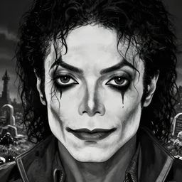 michael jackson!!!! realistic dramatic !big face realistic close up concept art  of michael jackson  grayscale joker  as a dragon ball Z  character,dark eye sockets,  graveyard landscape at night , 4k anime character illustration by akira toriyama, artstation