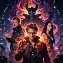 a young mix of willem dafoe, michael emerson, evil wizard, intricate colorful cosmic smoke magic, futuristic cyberpunk city vista, hyperrealism, octane render, extremely detailed, style of artgerm, arnst haeckel, wlop, victo ngai
