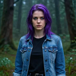 an insanely detailed realistic depiction of beautiful jodi from stardew valley standing in the rainy forest wearing black shirt under blue denim jacket, purple hair, pretty blue eyes, in the style of peter mohrbacher, artgerm, dramatic lighting and composition, octane render, trending on artstation, concept art 8 k