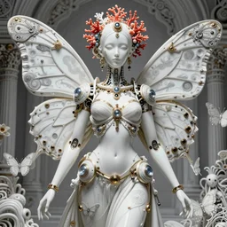 absurdly beautiful, graceful, sophisticated, fashionable cyberpunk mechanoid steampunk butterflies, by irakli nadar and alexandre ferra, intricate linework, white porcelain skin, faberge, coral headdress, unreal engine 5 highly rendered, global illumination, radiant light, detailed and intricate environment