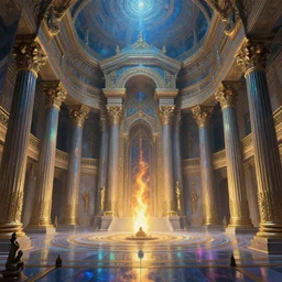 iridescent academic interior of enormously spacious intricately detailed grand slaaneshite temple inspired by the most opulent temples of ancient Greece, small very bright flame of warp energy is visible in the center, professionally detailed illustration by Zdislaw Beksinski, James Gurney, Tsutomu Nihei, CGsociety