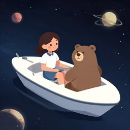 a girl and a bear on a motorboat in space, artstation