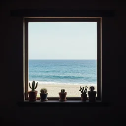 view from inside a house on window with on it's border small cactus in pots and the ocean in background. dim light. by tony sandoval