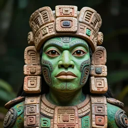 portrait photography of an ancient mayan alien, ritualisic mayan psychedelic, mexican face, green skin, detailed face, clear eyes, clear mouth, demihuman, aztec tatoos, mayan body painting, tenochtitlan, looking towards the camera. mariachi style. high details, humanoid demigod.