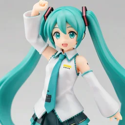 complete figure of hatsune miku wearing a comfy blouse, personification, tsurime eyes, tareme eyes, eyes by kon satoshi, ^. ^ eyes, dynamic pose, amiami, aniplex, kotobukiya, beautiful composition, 4 5 mm lens, focal length 3, hdr