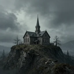an eerie asylum on top of the mountain, sad, loneliness, digital art, landscape, fantasy art, octane render, ureal engine, high detail, very realistic, by greg rutkowski. by james gurney