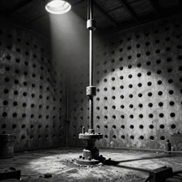 drilling neighbor, grid of drilled holes in a room, black and white horror in style of junji ito