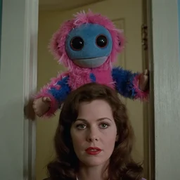 1978 cinematic, horror movie scene with a woman’s face, in a home, ventriloquist doll, behind the door is a pink and blue robot alien with large eyes and fluff, high resolution, ”