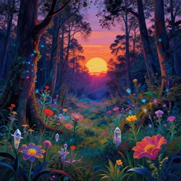 reclaimed by nature by paul cezanne, junglepunk at dawn at dusk thermal imaging retrowave tron sunlight sunset infrared forest galactic retro otherworldly crystal meadow steampunk nature landscape laser fantasy extraterrestial flowers, archdaily, wallpaper, highly detailed, trending on artstation.