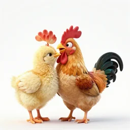 a cute cartoon rooster kissing a large-footed newborn chick on top of the head, highly detailed