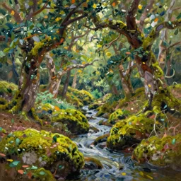 ancient oak forest, mossy rocks, stream, oil painting, vivid colors, brush strokes, elegant, highly detailed, by richard schmid and john singer sargent