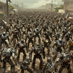 huge crowd being forcefully relocated by evil robots, trending on artstation