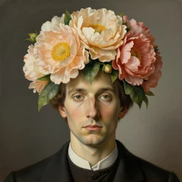 portrait of a man, beautiful large flowers replaced his head, by rene magritte, detailed painting, hd, hq, high resolution, high detail, 4 k, 8 k