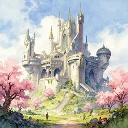 futuristic scifi elven castle in springtime. this watercolor painting by the award - winning comic artist has interesting color contrasts, plenty of details and impeccable lighting.