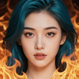 portrait of beautiful female made of bright orange and yellow flames with dark turquoise hair with black, prominent brow, silver frame glasses, confetti in the sky on a hexagon shape, art by j scott campbell, vfx, sharp details