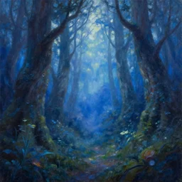 oil painting of fantasy magic forest, by craig mullins, blue