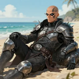 a steel inquisitor from the series mistborn ( a bald man with black facial tattoos and steel spikes where his eyes should be ), relaxing on a beach, style of artstation and deviantart.
